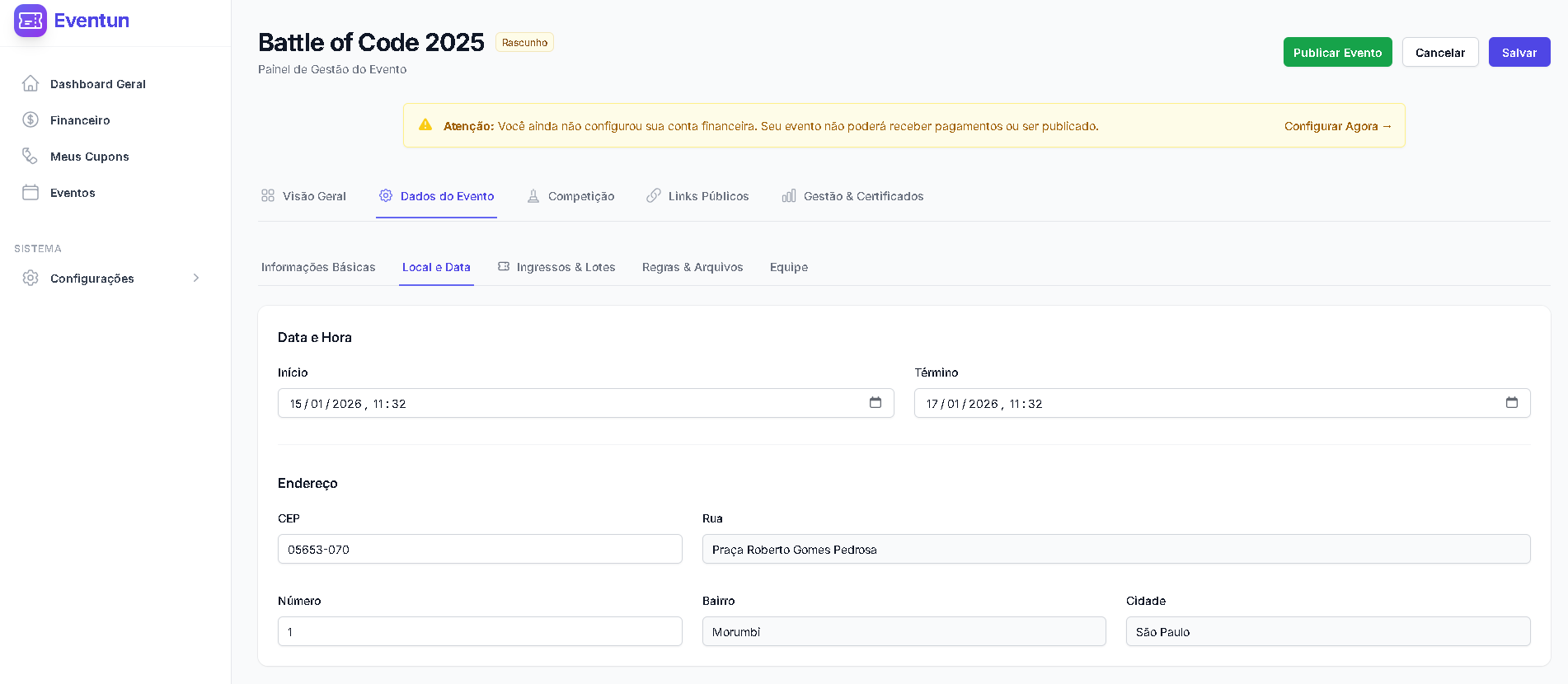Painel de Controle Eventun